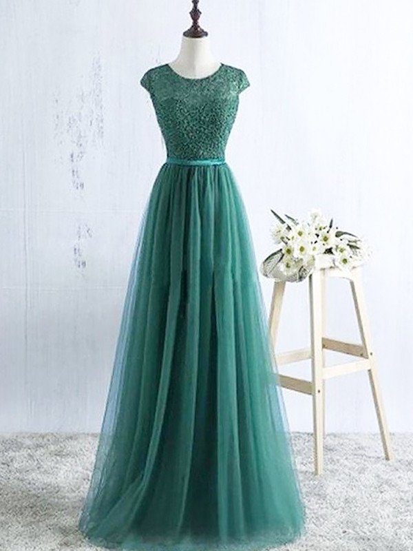 A-Line/Princess Scoop Sleeveless Tulle Floor-Length Dresses