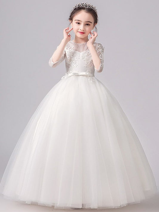 Floor-Length Sleeves 3/4 Lace Bowknot A-Line/Princess Scoop Flower Girl Dresses