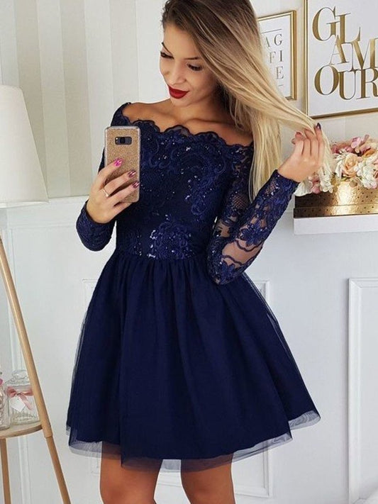 Sleeves Tulle Off-the-Shoulder Long Applique A-Line/Princess Short/Mini Homecoming Dress