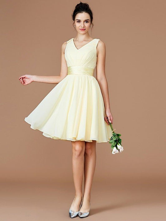 A-Line/Princess Sash/Ribbon/Belt Short/Mini Sleeveless V-neck Chiffon Bridesmaid Dresses