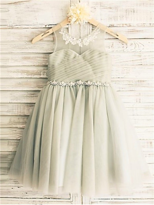 Beading Tulle Sleeveless Tea-Length A-line/Princess Scoop Flower Girl Dresses