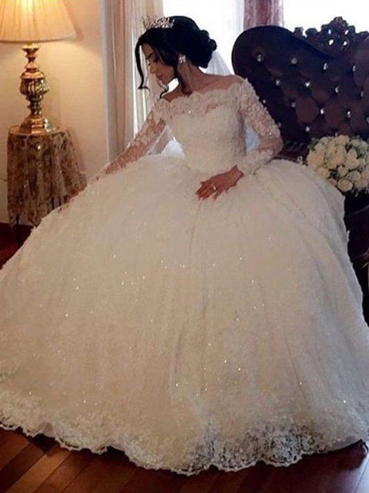 Floor-Length Sleeves Long Ball Bateau Gown Lace Wedding Dresses