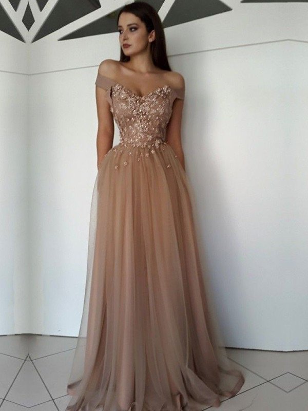 Floor-Length Sleeveless Off-the-Shoulder A-Line/Princess Applique Tulle Dresses