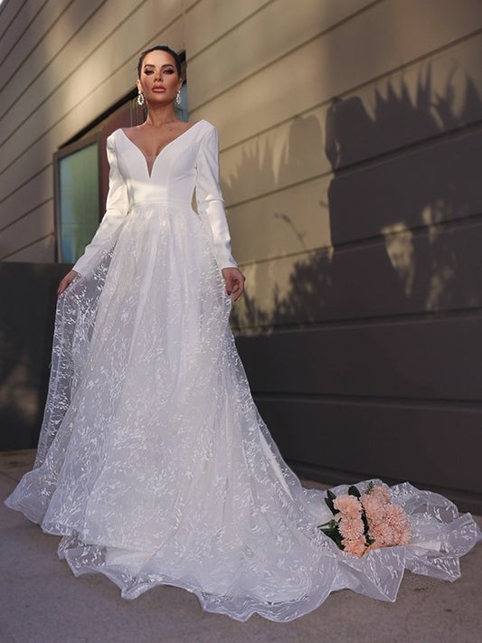 Long Applique Sleeves V-neck Lace A-Line/Princess Sweep/Brush Train Wedding Dresses