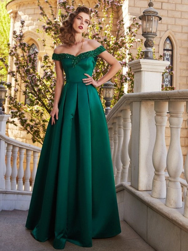 Off-the-Shoulder Sleeveless A-Line/Princess Sequin Satin Floor-Length Dresses