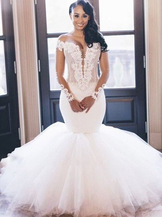 Sleeves Long Trumpet/Mermaid Tulle Applique Off-the-Shoulder Floor-Length Wedding Dresses