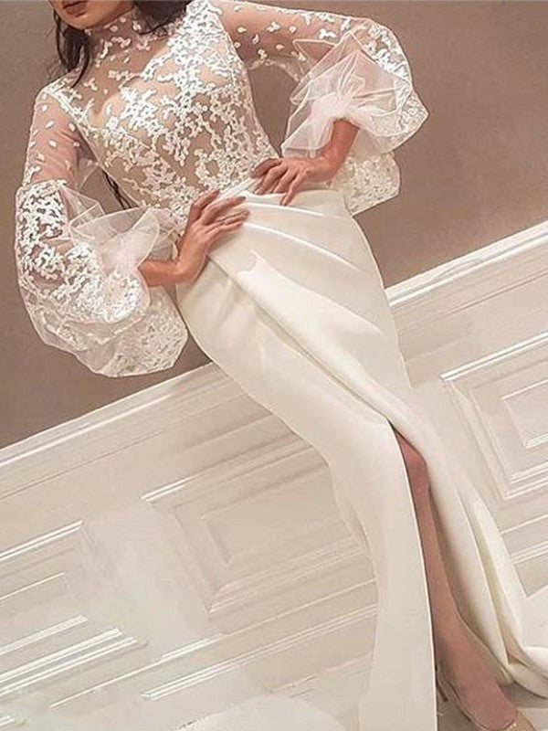 Sleeves Sweep/Brush Long Train High Neck Trumpet/Mermaid Lace Stretch Crepe Dresses