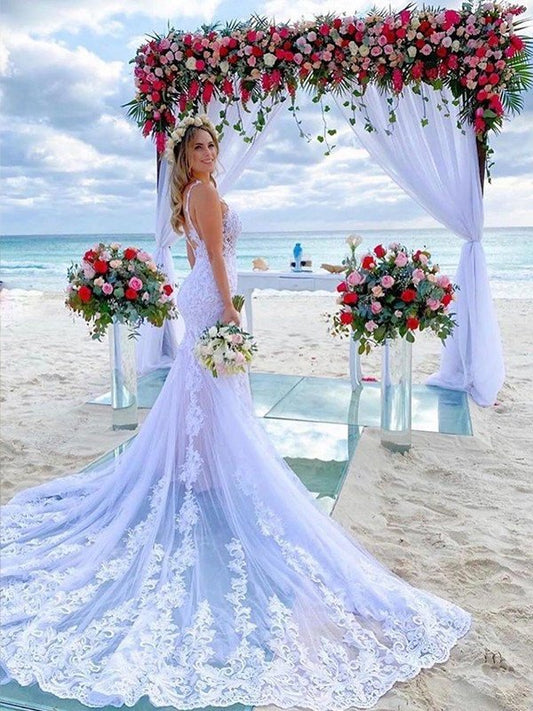 Trumpet/Mermaid Train Applique Tulle Straps Court Sleeveless Wedding Dresses