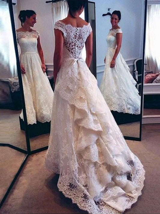 Lace Train Scoop Sweep/Brush A-Line/Princess Sleeveless Wedding Dresses
