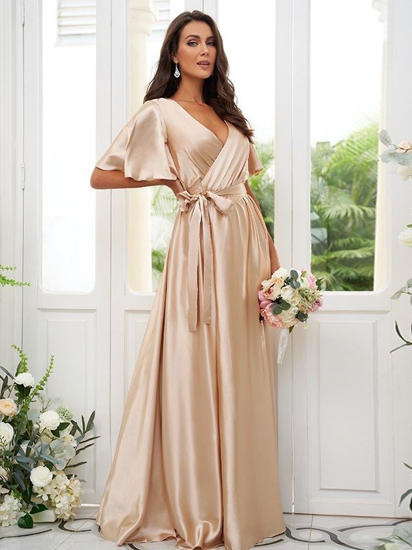 Sleeves Short A-Line/Princess like Satin V-neck Silk Sash/Ribbon/Belt Floor-Length Bridesmaid Dresses