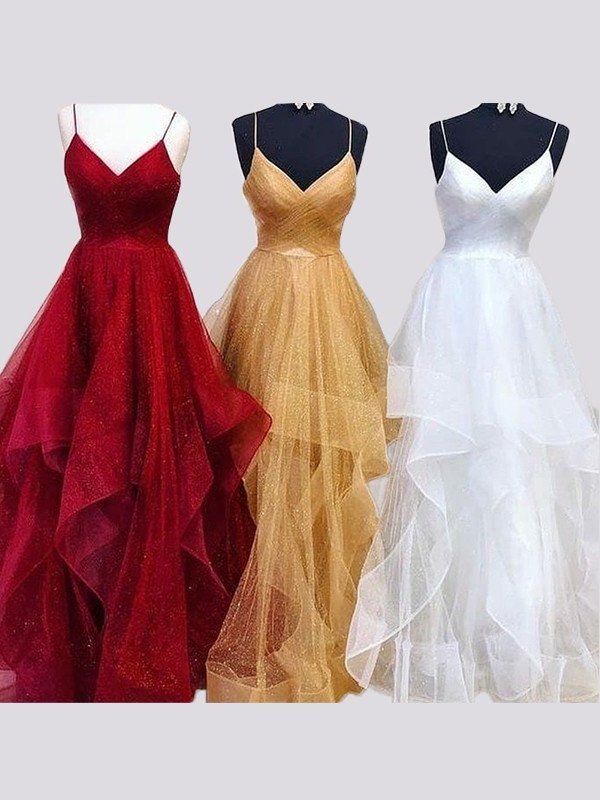 Straps A-Line/Princess Spaghetti Sleeveless Floor-Length Tulle Dresses