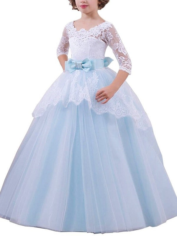 Ball Jewel Floor-Length Lace 1/2 Gown Sleeves Tulle Flower Girl Dresses