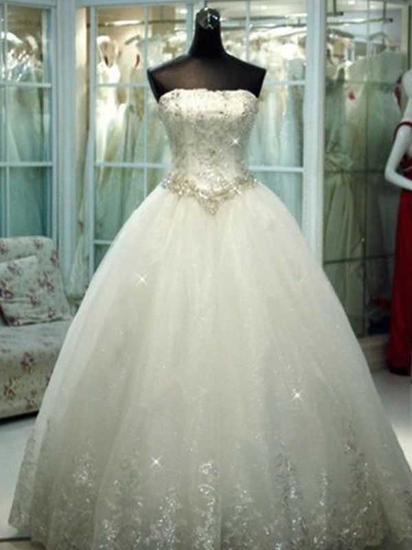 Beading Strapless Gown Sleeveless Tulle Ball Floor-Length Wedding Dresses