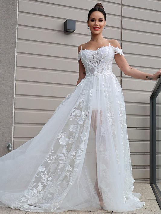 Tulle Sweep/Brush Off-the-Shoulder Applique A-Line/Princess Sleeveless Train Wedding Dresses