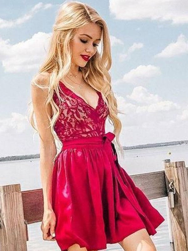 Lace Sleeveless A-Line/Princess Satin V-neck Short/Mini Homecoming Dresses