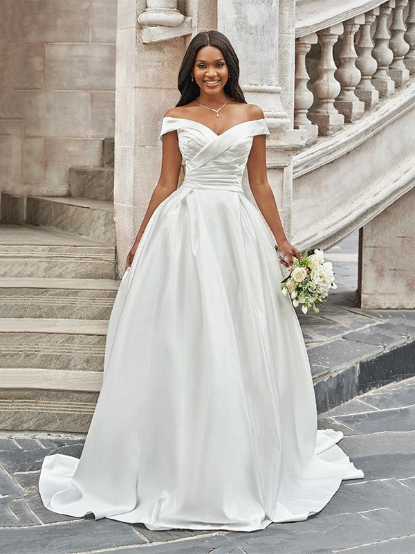 Off-the-Shoulder A-Line/Princess Ruched Court Sleeveless Satin Train Wedding Dresses
