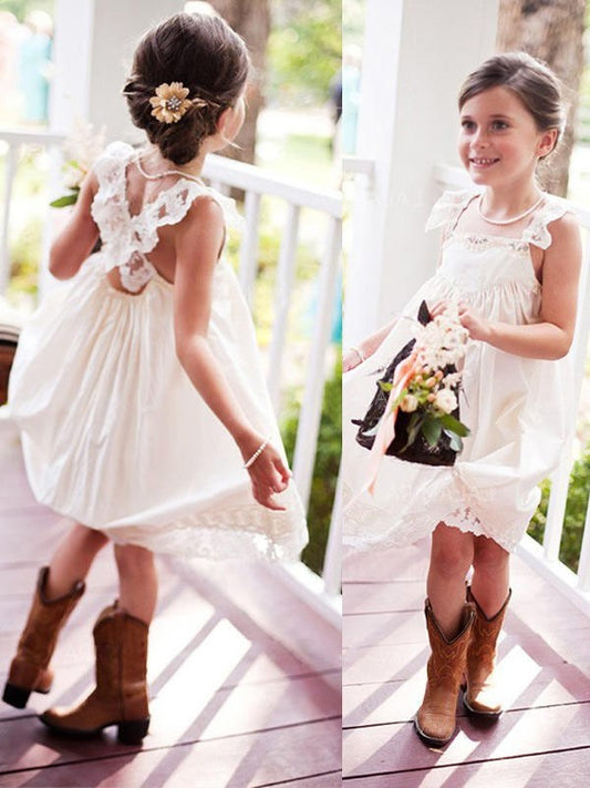 A-Line/Princess Chiffon Sleeveless Square Knee-Length Lace Flower Girl Dresses