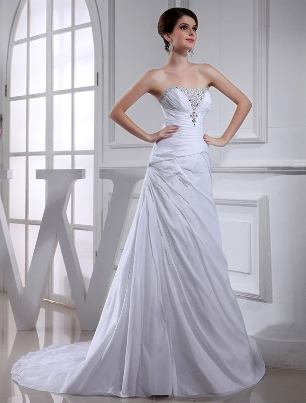 A-Line/Princess Sleeveless Long Beading Taffeta Wedding Dresses