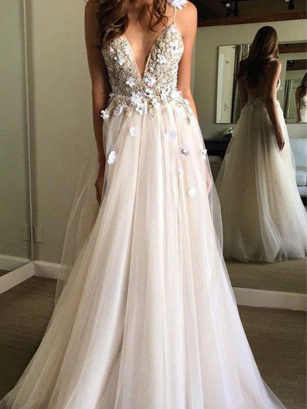 A-Line/Princess Sleeveless Tulle Beading V-neck Floor-Length Wedding Dresses