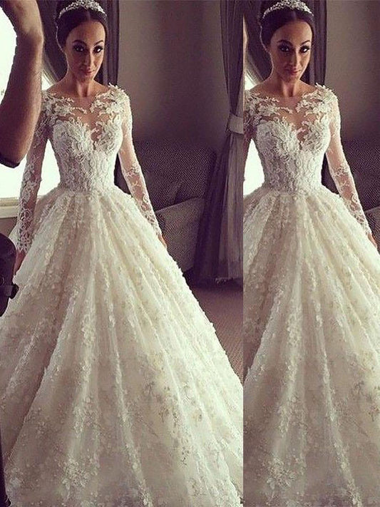 Sleeves Ball Court Scoop Gown Long Train Lace Wedding Dresses