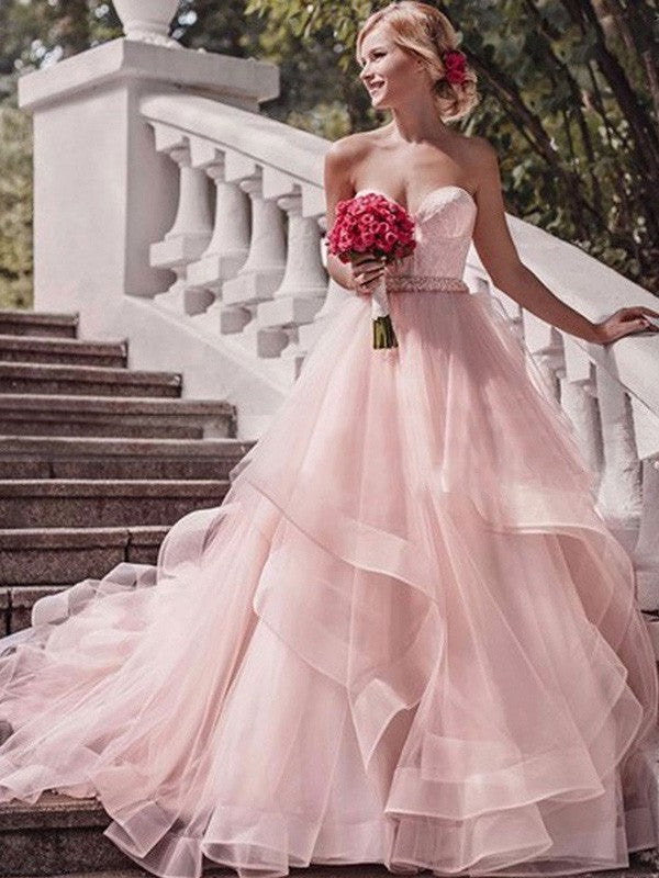 Court Gown Ball Layers Train Sweetheart Sleeveless Organza Wedding Dresses