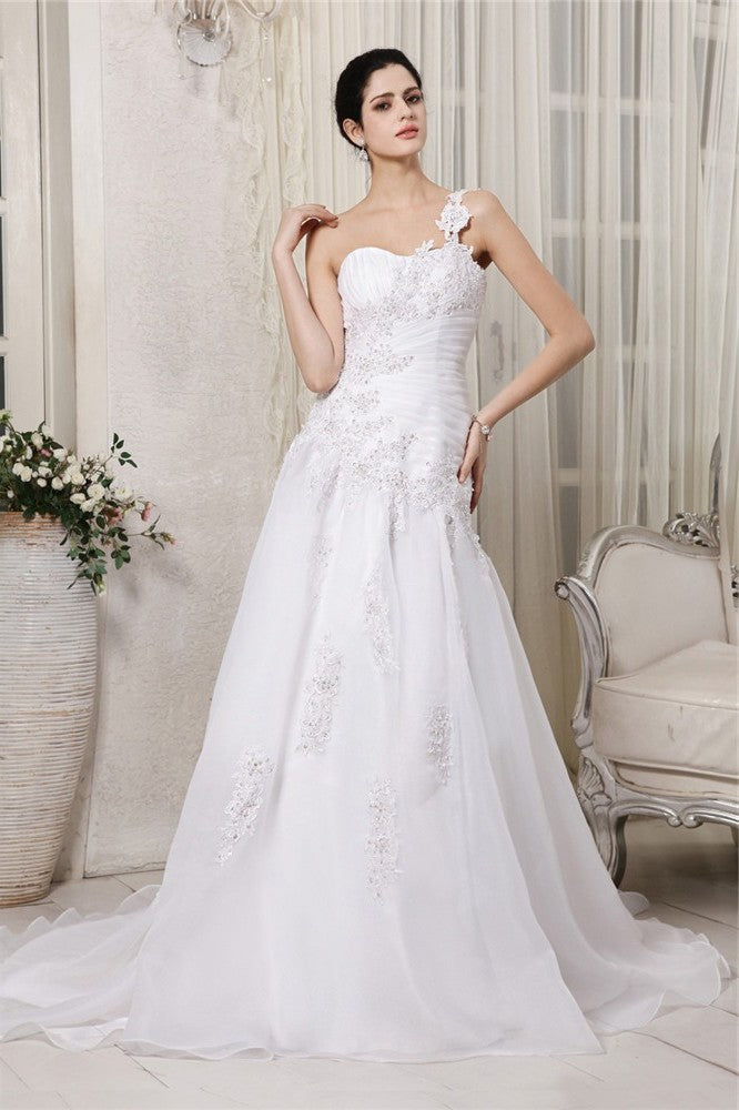 Applique One-Shoulder Long A-Line/Princess Sleeveless Beading Organza Wedding Dresses
