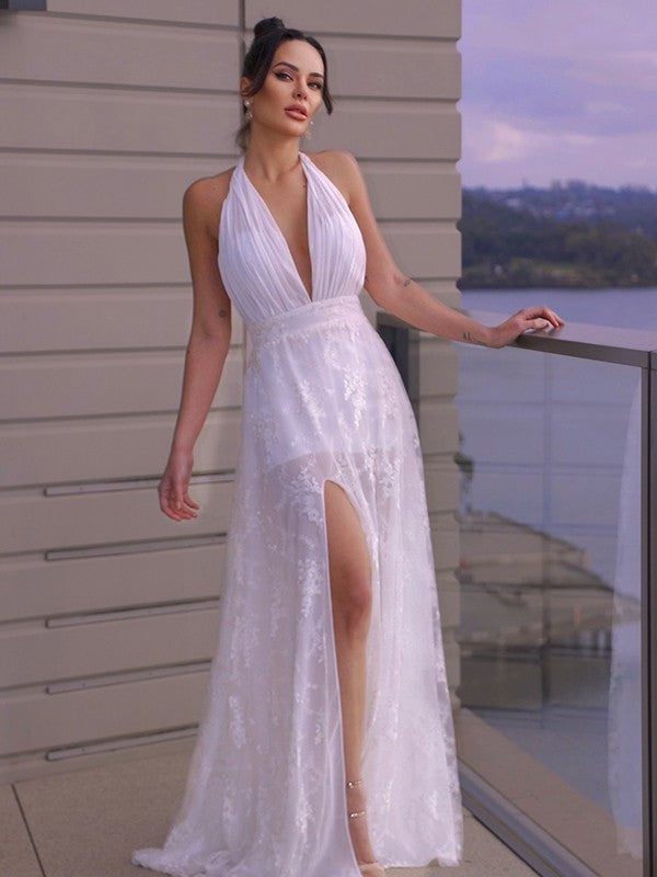 Ruched Halter Lace A-Line/Princess Sleeveless Floor-Length Wedding Dresses