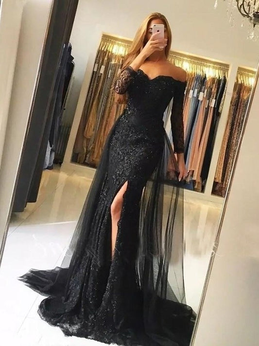 Train Sleeves Off-the-Shoulder Sweep/Brush Long Trumpet/Mermaid Tulle Lace Dresses