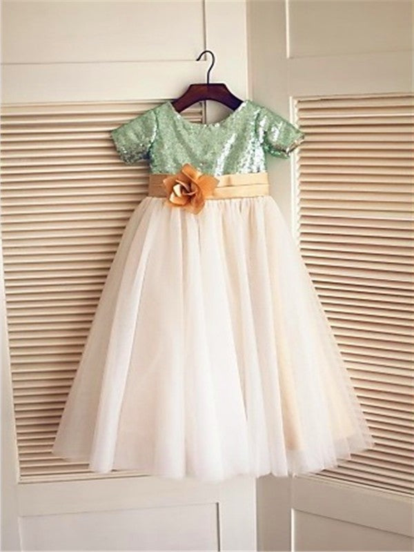 Sequin A-line/Princess Short Scoop Sleeves Tulle Tea-Length Flower Girl Dresses