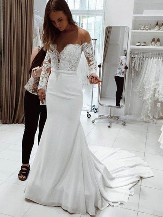 Sleeves Court Train Off-the-Shoulder Lace Long Trumpet/Mermaid Chiffon Wedding Dresses
