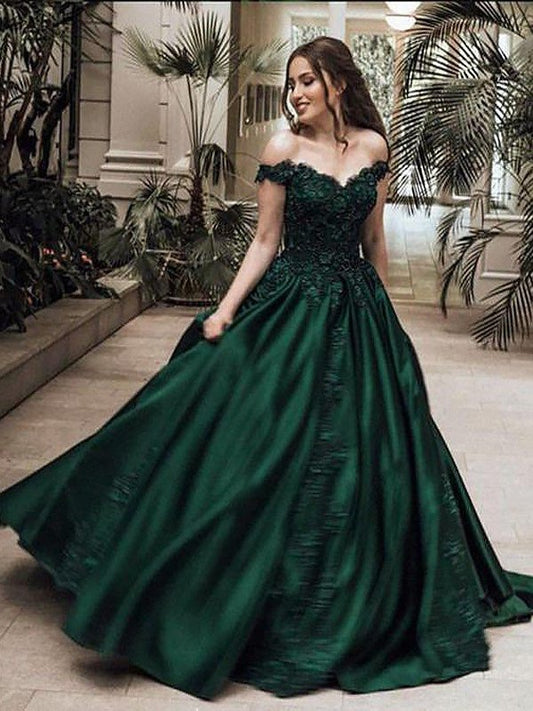Ball Sleeveless Floor-Length Gown Off-the-Shoulder Lace Satin Dresses