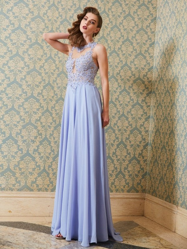 A-Line/Princess Scoop Floor-Length Sleeveless Applique Chiffon Dresses