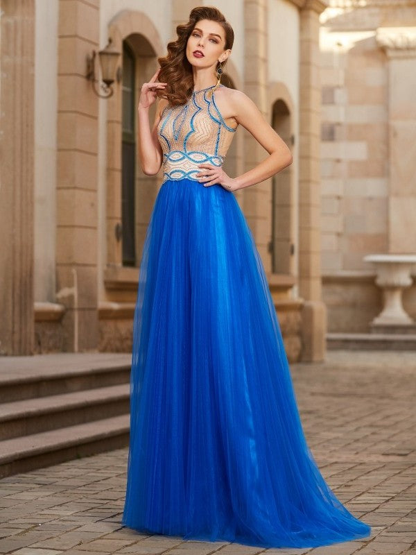 Jewel Sleeveless Beading A-Line/Princess Floor-Length Tulle Dresses