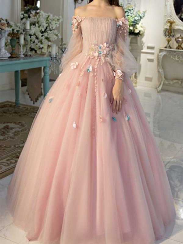 Hand-Made Gown Off-the-Shoulder Sleeves Ball Tulle Long Flower Floor-Length Dresses
