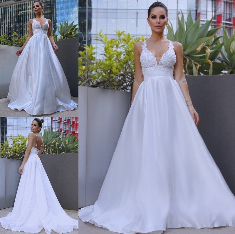 Sweep/Brush Applique Satin A-Line/Princess V-neck Sleeveless Train Wedding Dresses