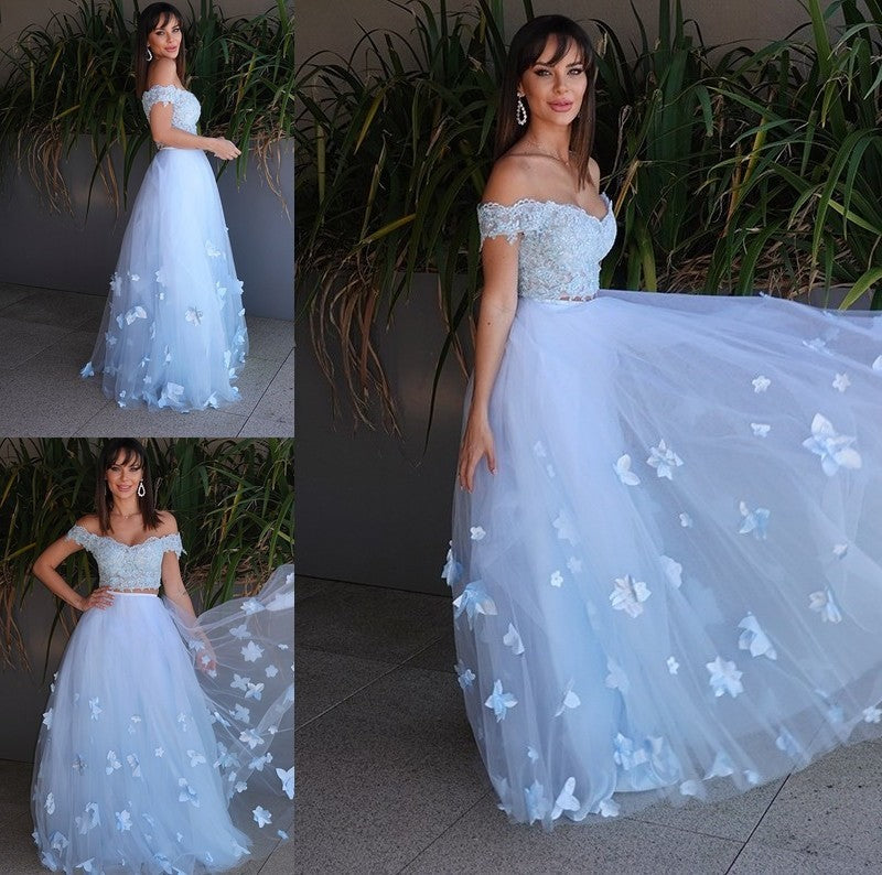 Applique A-Line/Princess Floor-Length Off-the-Shoulder Tulle Sleeveless Two Piece Dresses