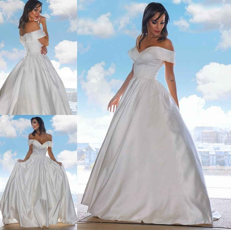 Ball Court Gown Ruffles Off-the-Shoulder Satin Sleeveless Train Wedding Dresses