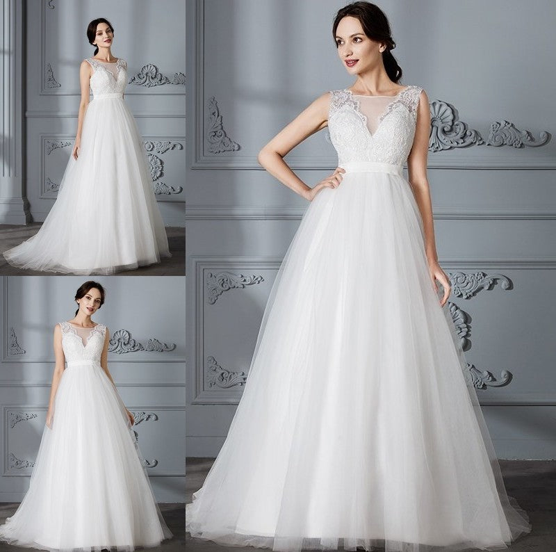 Sleeveless Train V-neck Sweep/Brush A-Line/Princess Tulle Wedding Dresses