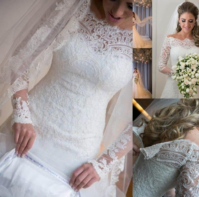 Sweep/Brush Long Sleeves Train Off-the-Shoulder Trumpet/Mermaid Lace Applique Tulle Wedding Dresses