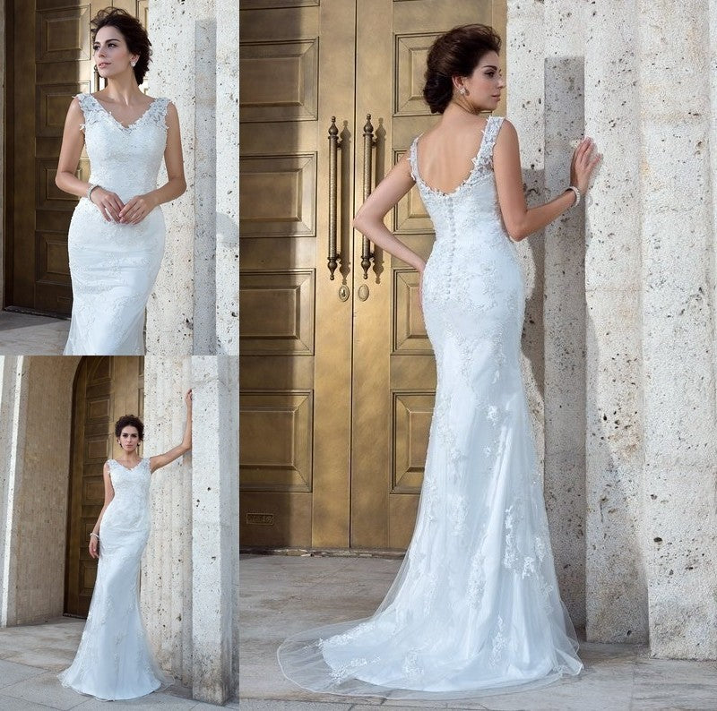 Long Trumpet/Mermaid V-neck Applique Sleeveless Net Wedding Dresses