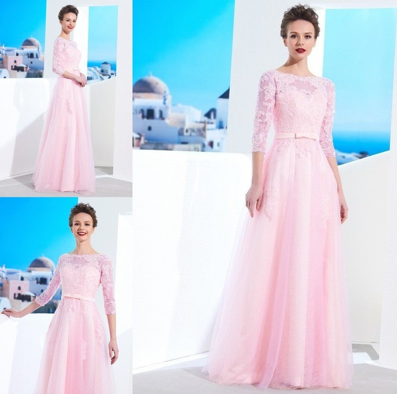 1/2 Sleeves A-Line/Princess Bateau Floor-Length Applique Tulle Dresses