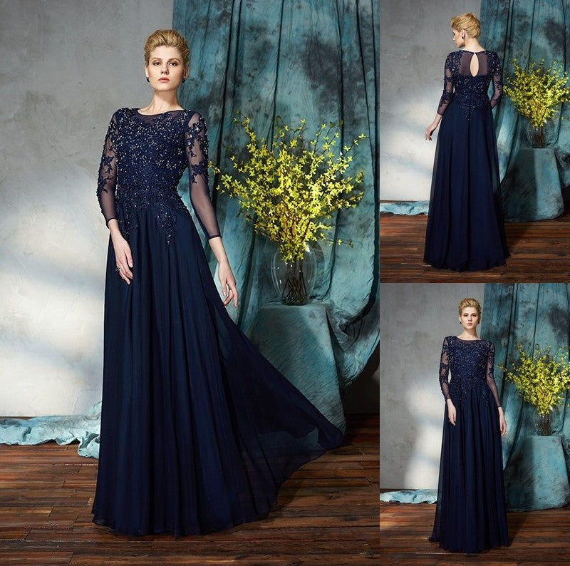 Chiffon Mother 3/4 A-Line/Princess Sleeves Scoop of Long Applique the Bride Dresses