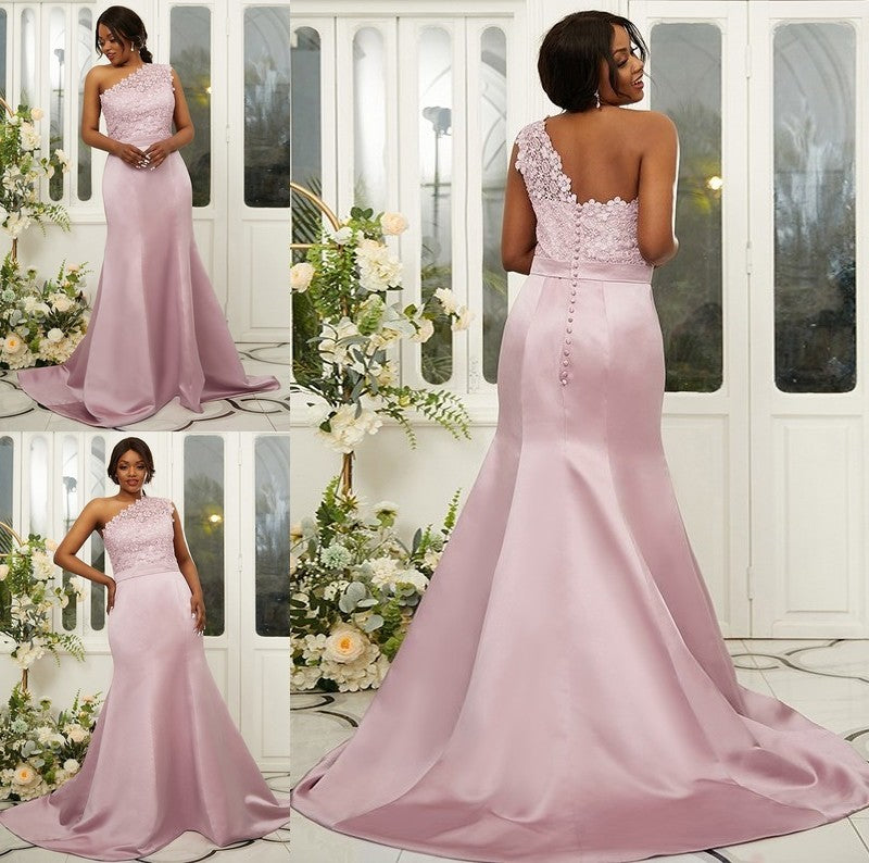 Sheath/Column Sleeveless One-Shoulder Satin Lace Sweep/Brush Train Bridesmaid Dresses