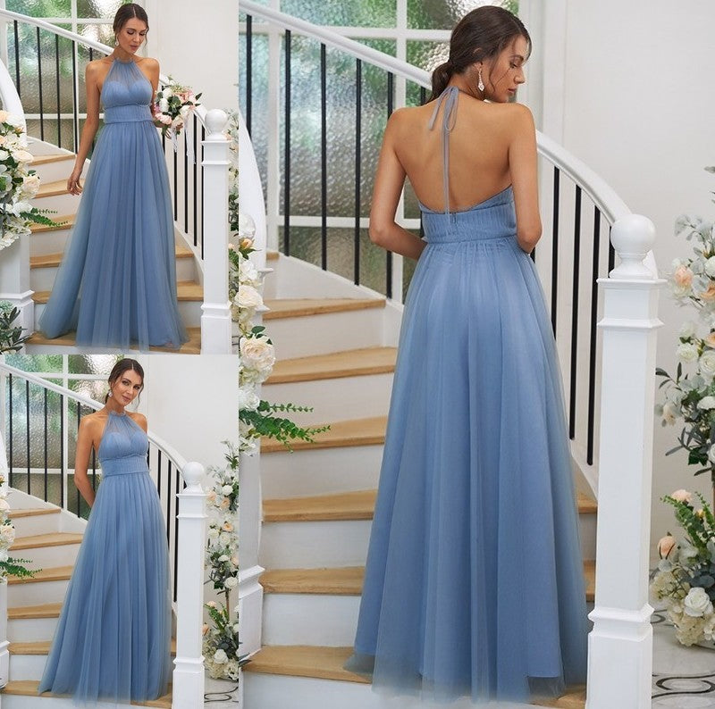 Halter Sleeveless A-Line/Princess Tulle Ruched Floor-Length Bridesmaid Dresses
