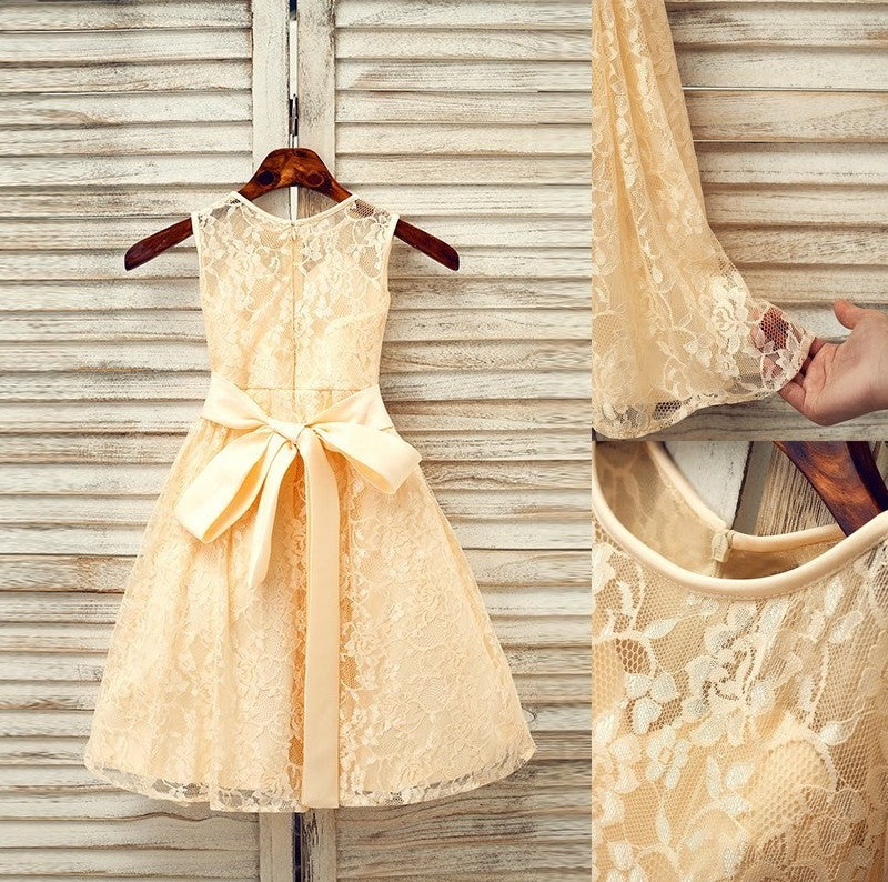 Tea-Length A-Line/Princess Sash/Ribbon/Belt Lace Scoop Sleeveless Flower Girl Dresses
