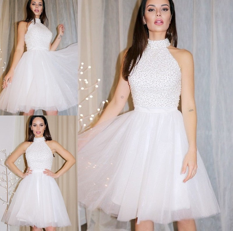 Beading Halter A-Line/Princess Sleeveless Tulle Short/Mini Homecoming Dresses