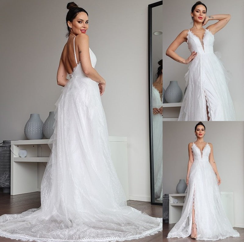 Sweep/Brush Lace Sleeveless V-neck A-Line/Princess Ruffles Train Wedding Dresses