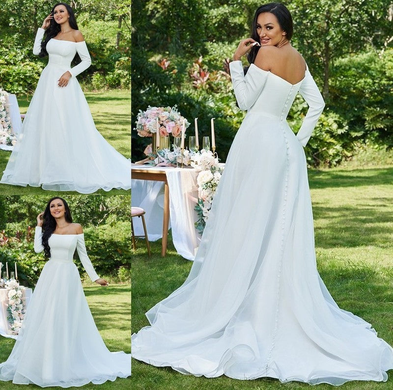 A-Line/Princess Sleeves Tulle Long Ruffles Sweep/Brush Off-the-Shoulder Train Wedding Dresses