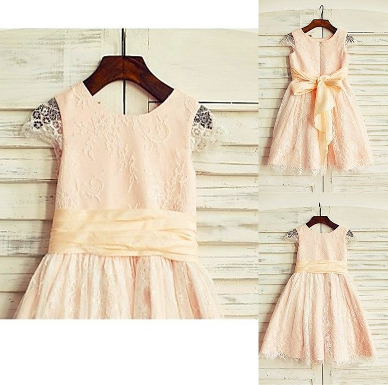 Sash/Ribbon/Belt Tea-Length Lace A-line/Princess Sleeves Short Scoop Flower Girl Dresses