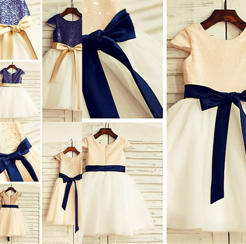 Tulle Sleeves A-line/Princess Sequin Scoop Knee-Length Short Flower Girl Dresses